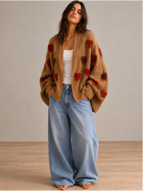 LOOK by M Lightweight Tan Cardigan with Red Heart Detail